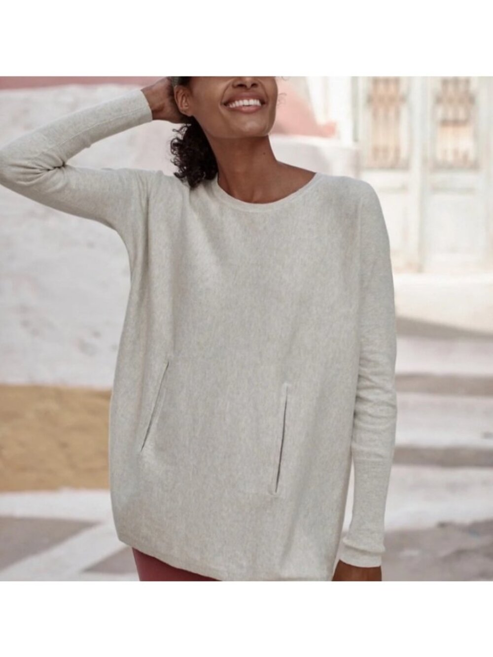 NEW Garnet Hill Organic Cotton Pocket-Detail Sweater Lightweight Pullover Grey